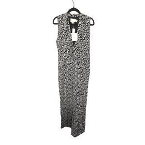 NWT Cynthia Rowley 100% Silk Black & White Geometric Jumpsuit V Neck Classy sz 8
